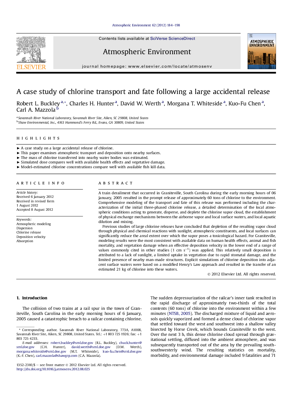 A case study of chlorine transport and fate following a large accidental release