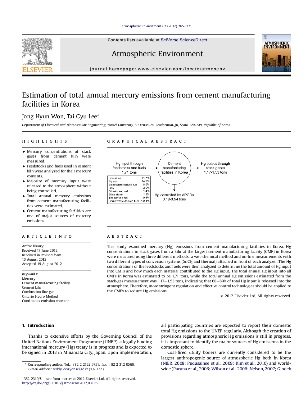 Estimation of total annual mercury emissions from cement manufacturing facilities in Korea