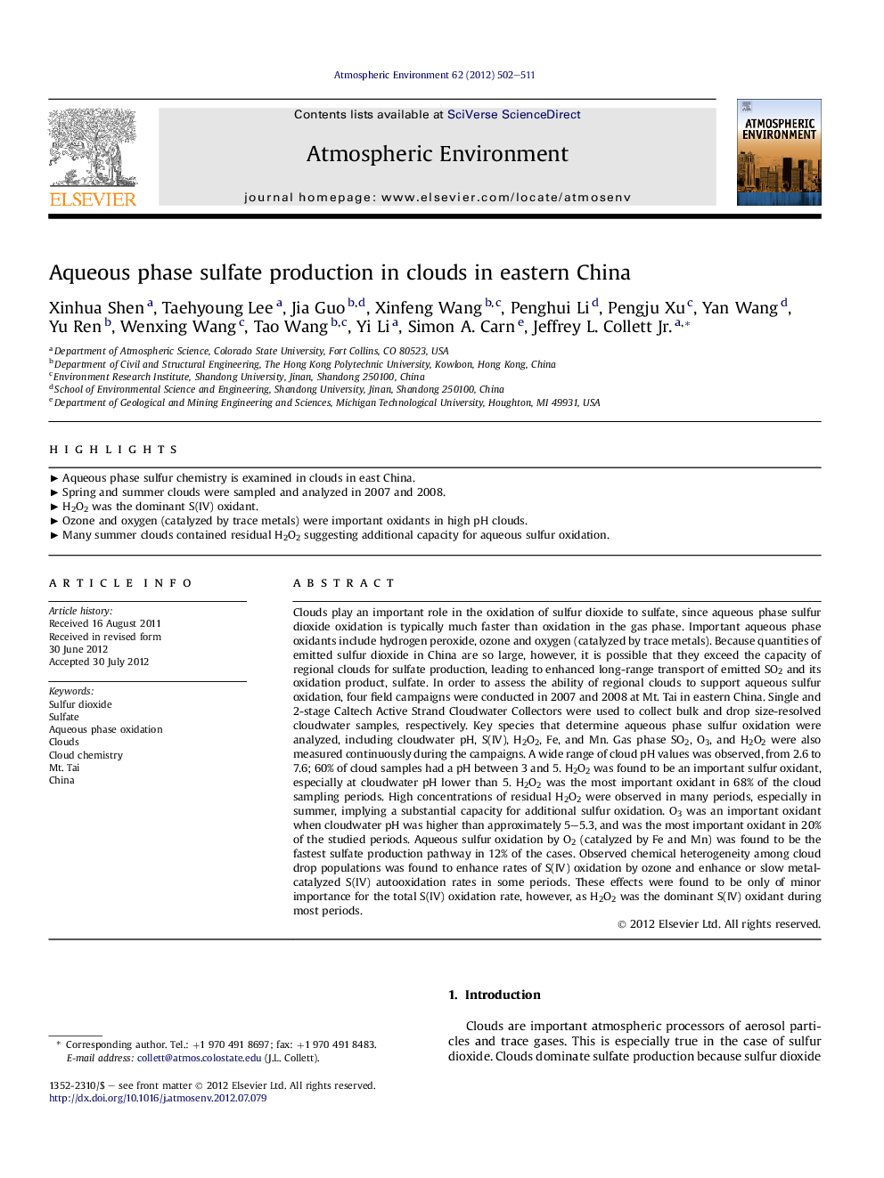 Aqueous phase sulfate production in clouds in eastern China