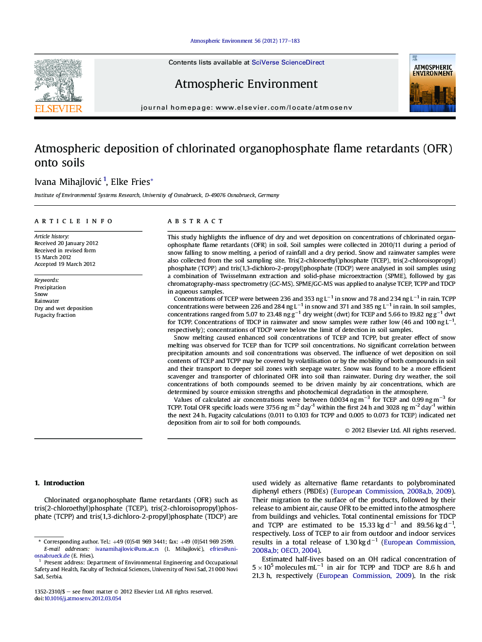 Atmospheric deposition of chlorinated organophosphate flame retardants (OFR) onto soils