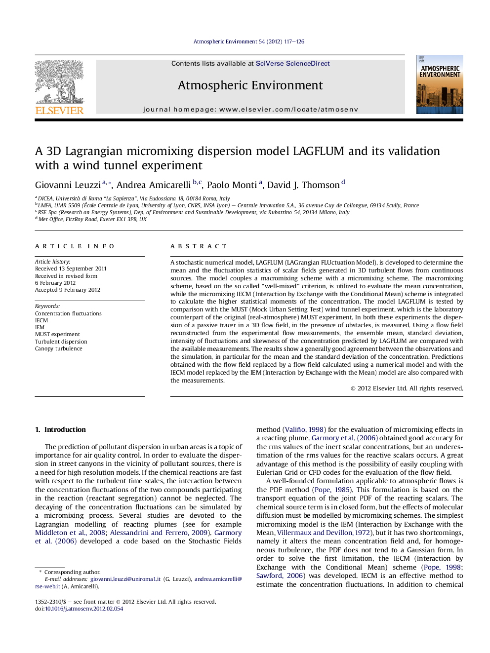 A 3D Lagrangian micromixing dispersion model LAGFLUM and its validation with a wind tunnel experiment