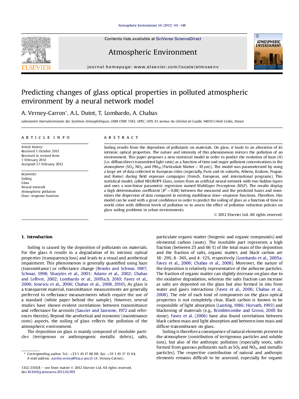 Predicting changes of glass optical properties in polluted atmospheric environment by a neural network model