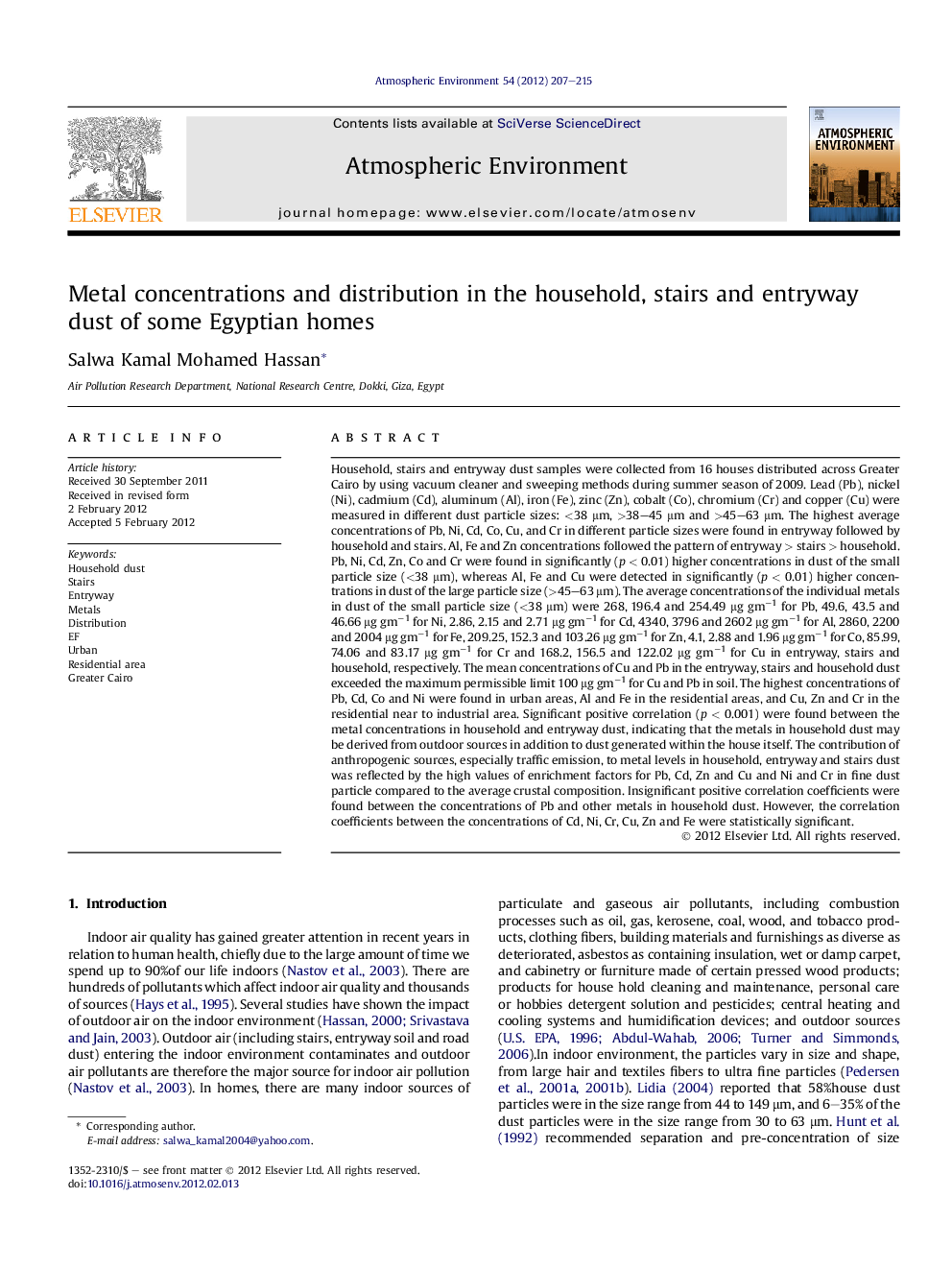 Metal concentrations and distribution in the household, stairs and entryway dust of some Egyptian homes