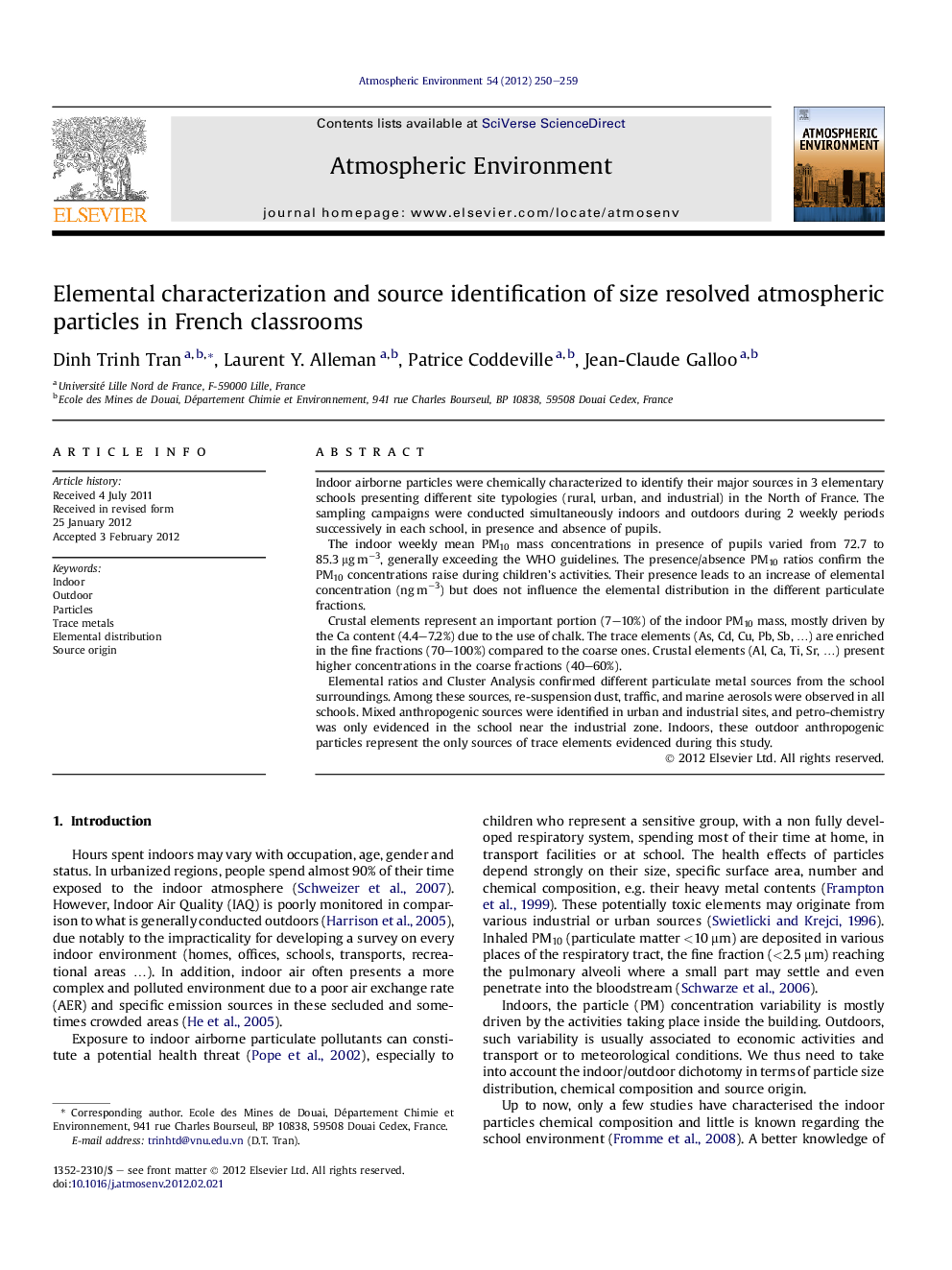 Elemental characterization and source identification of size resolved atmospheric particles in French classrooms