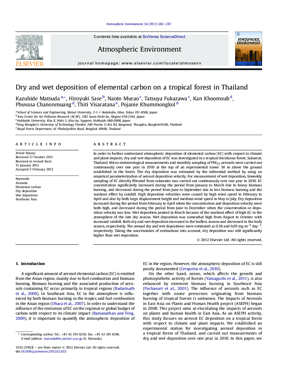 Dry and wet deposition of elemental carbon on a tropical forest in Thailand