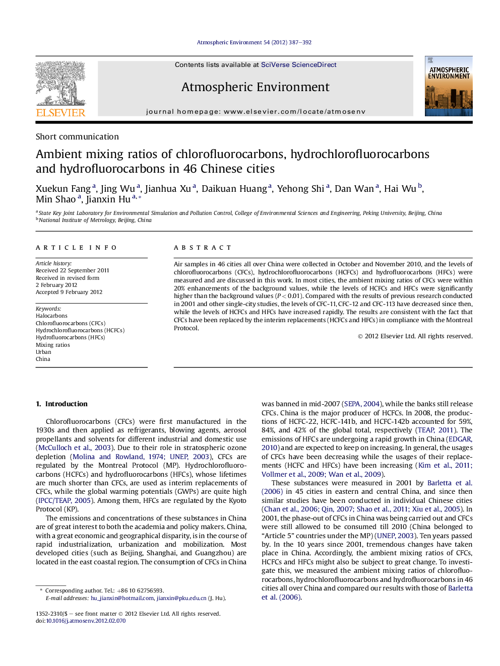 Ambient mixing ratios of chlorofluorocarbons, hydrochlorofluorocarbons and hydrofluorocarbons in 46 Chinese cities