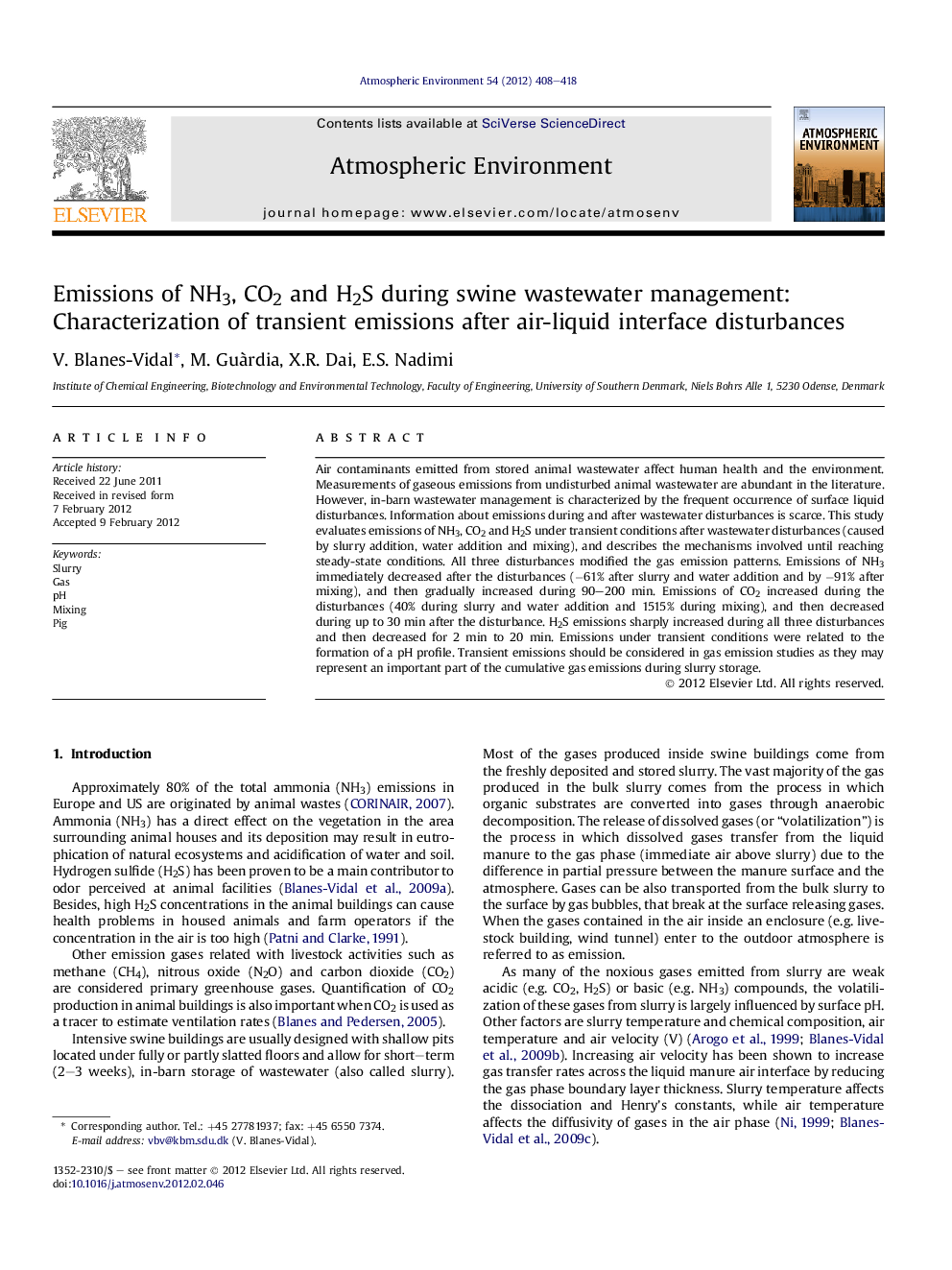 Emissions of NH3, CO2 and H2S during swine wastewater management: Characterization of transient emissions after air-liquid interface disturbances