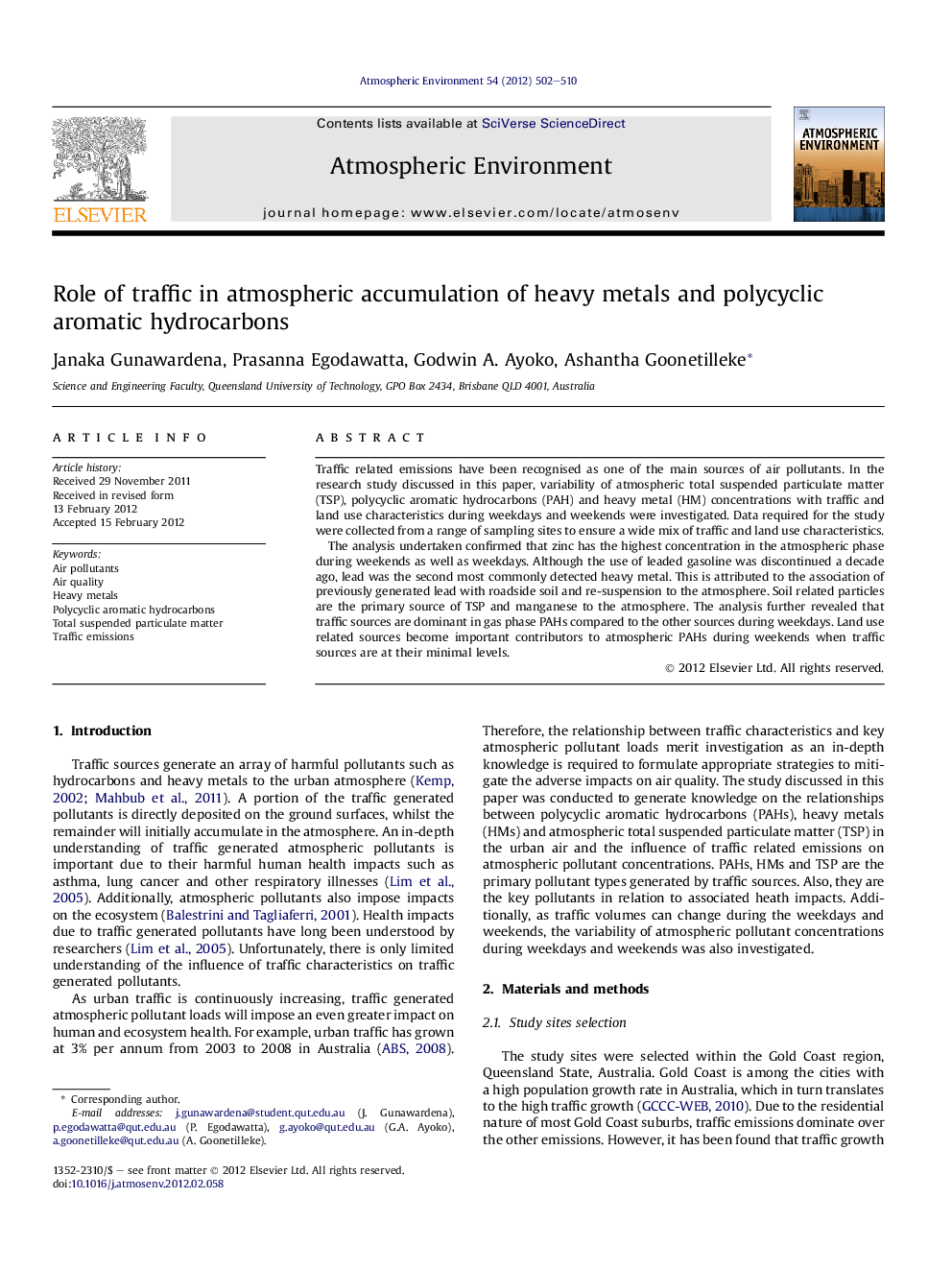 Role of traffic in atmospheric accumulation of heavy metals and polycyclic aromatic hydrocarbons