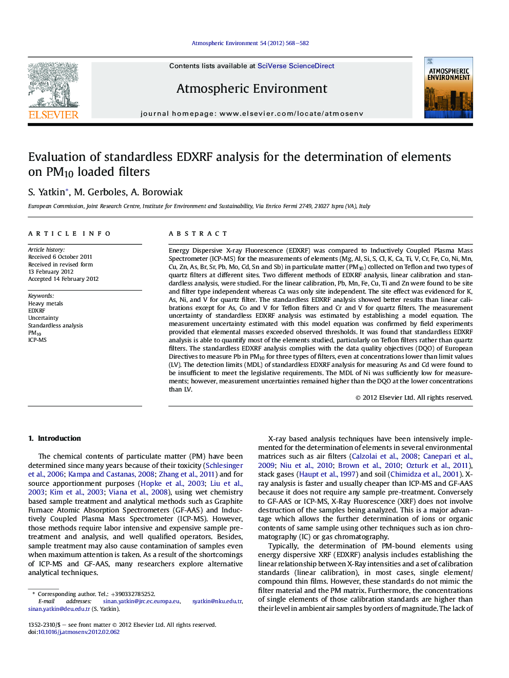 Evaluation of standardless EDXRF analysis for the determination of elements on PM10 loaded filters