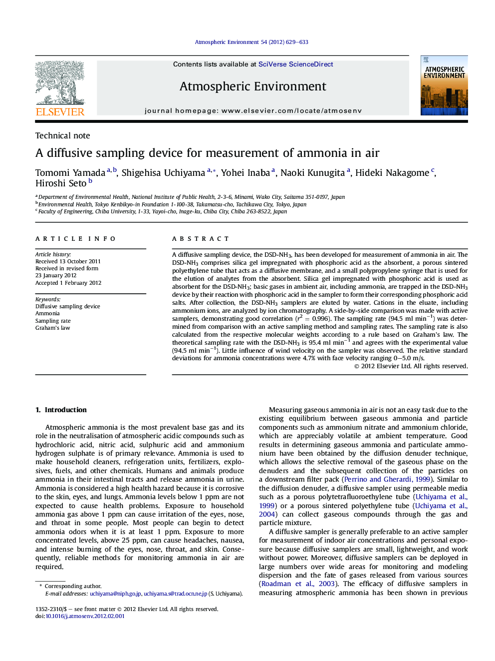 A diffusive sampling device for measurement of ammonia in air