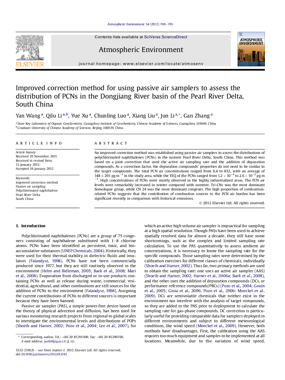 Improved correction method for using passive air samplers to assess the distribution of PCNs in the Dongjiang River basin of the Pearl River Delta, South China