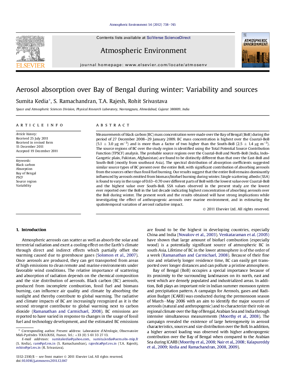 Aerosol absorption over Bay of Bengal during winter: Variability and sources