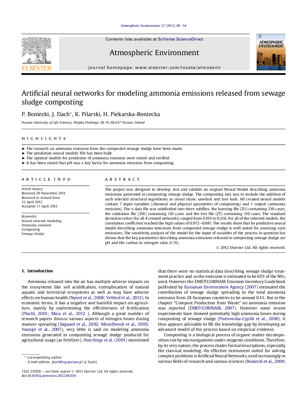 Artificial neural networks for modeling ammonia emissions released from sewage sludge composting