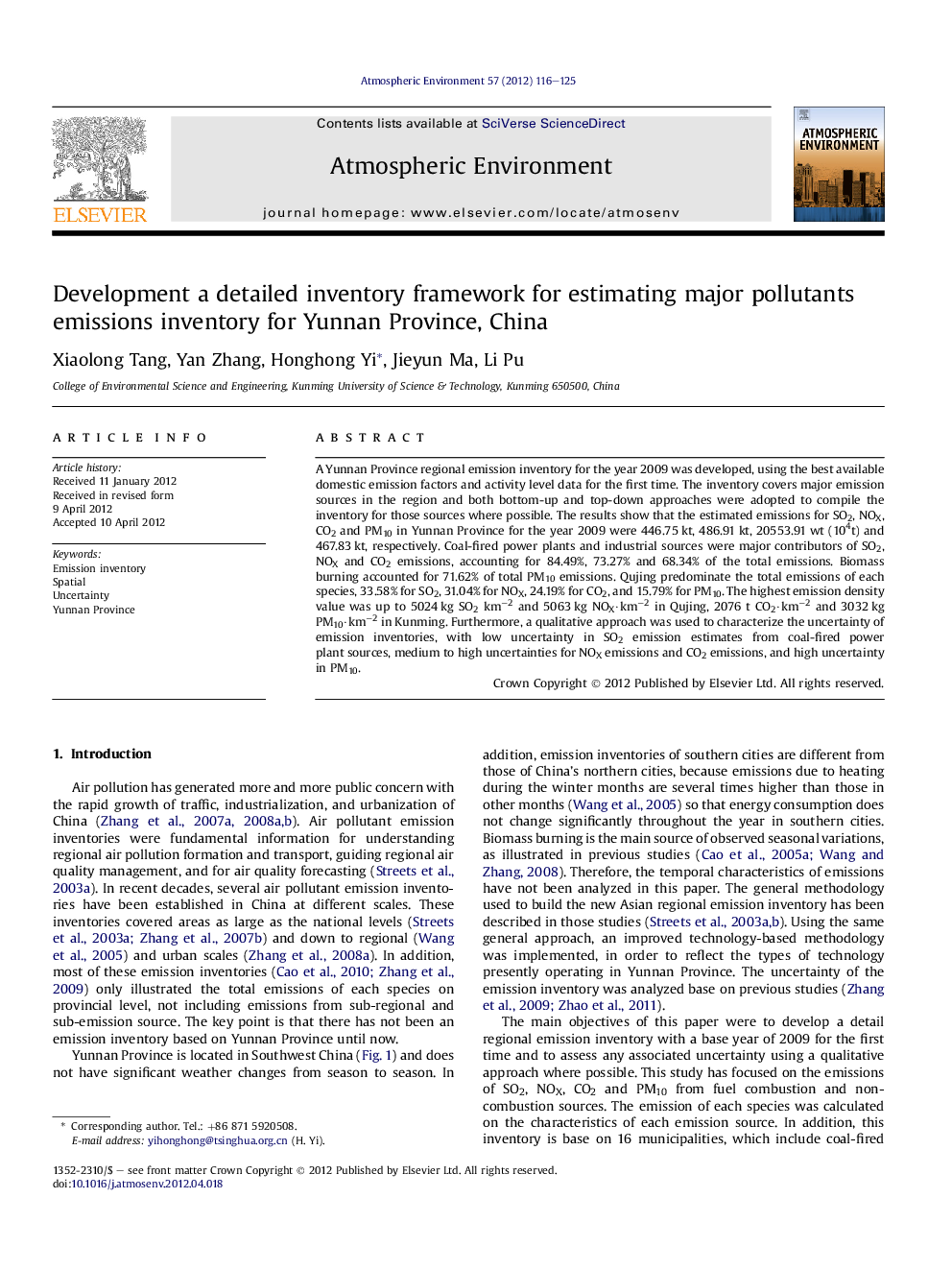 Development a detailed inventory framework for estimating major pollutants emissions inventory for Yunnan Province, China