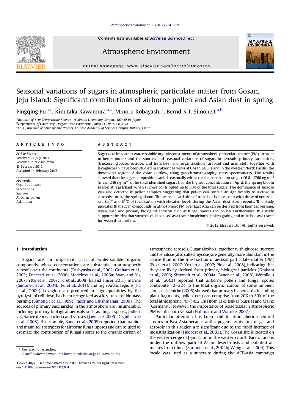 Seasonal variations of sugars in atmospheric particulate matter from Gosan, Jeju Island: Significant contributions of airborne pollen and Asian dust in spring