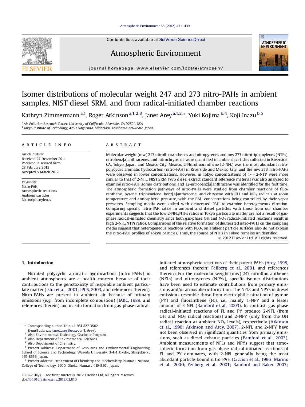 Isomer distributions of molecular weight 247 and 273 nitro-PAHs in ambient samples, NIST diesel SRM, and from radical-initiated chamber reactions