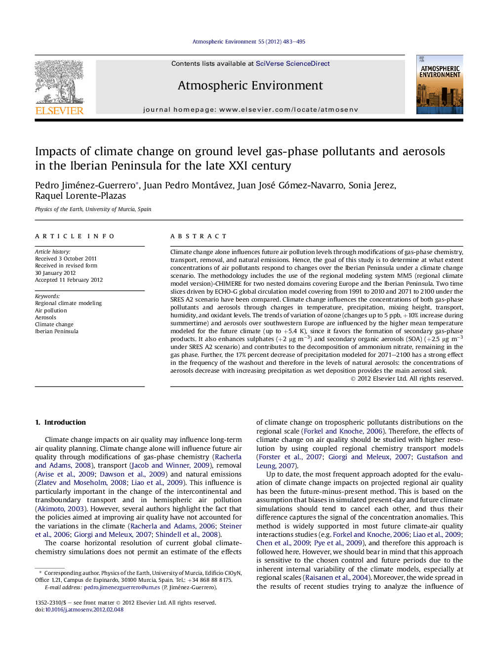 Impacts of climate change on ground level gas-phase pollutants and aerosols in the Iberian Peninsula for the late XXI century