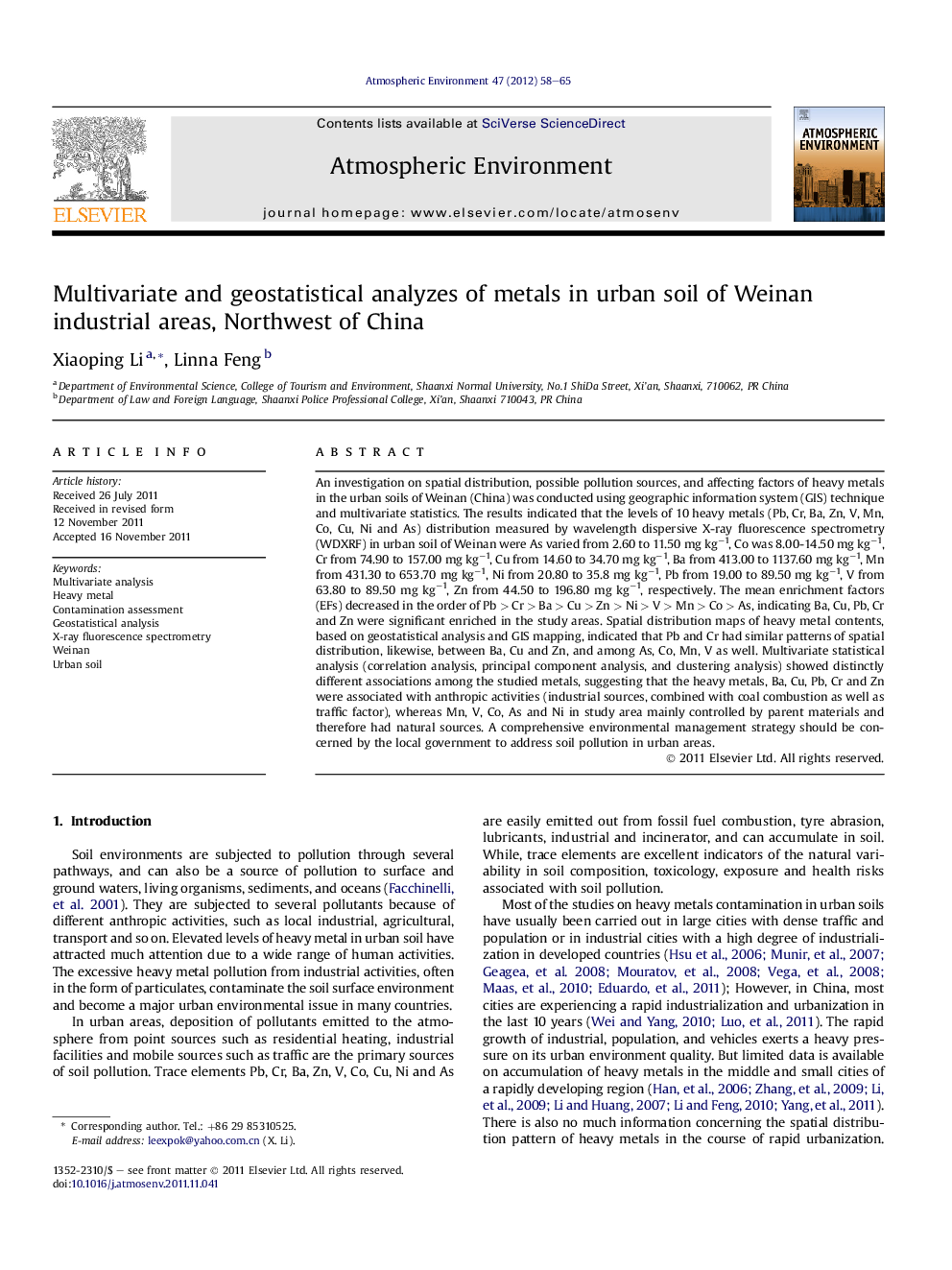 Multivariate and geostatistical analyzes of metals in urban soil of Weinan industrial areas, Northwest of China