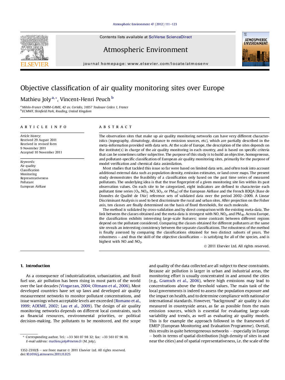 Objective classification of air quality monitoring sites over Europe