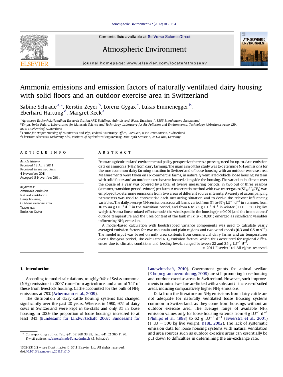 Ammonia emissions and emission factors of naturally ventilated dairy housing with solid floors and an outdoor exercise area in Switzerland