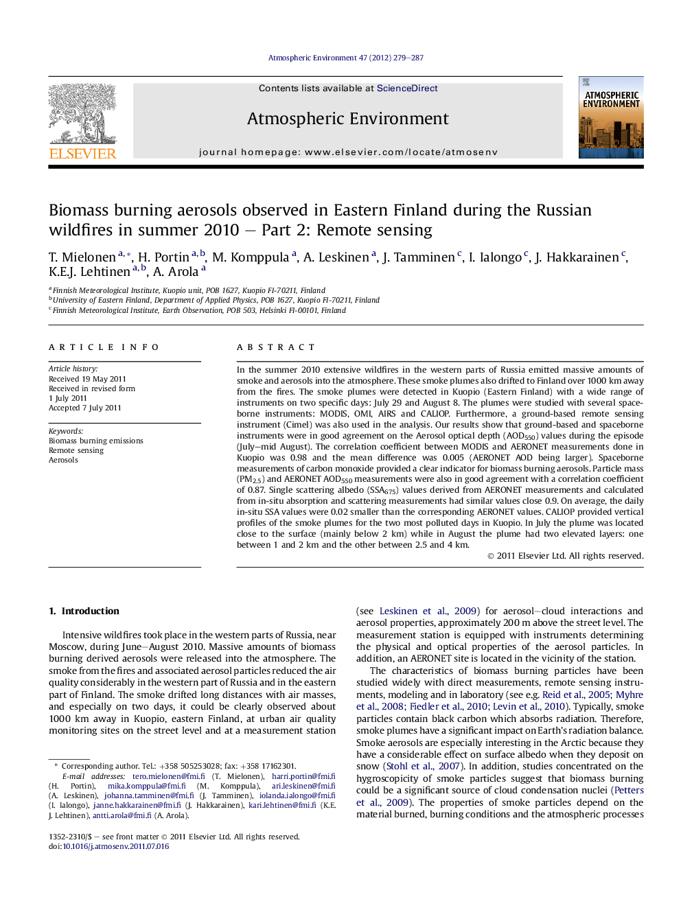 Biomass burning aerosols observed in Eastern Finland during the Russian wildfires in summer 2010 – Part 2: Remote sensing