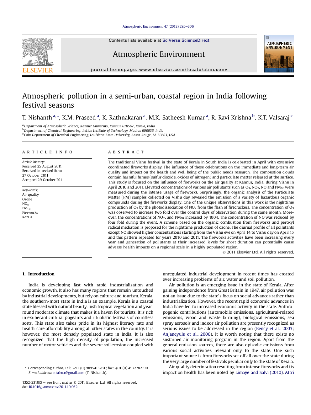 Atmospheric pollution in a semi-urban, coastal region in India following festival seasons