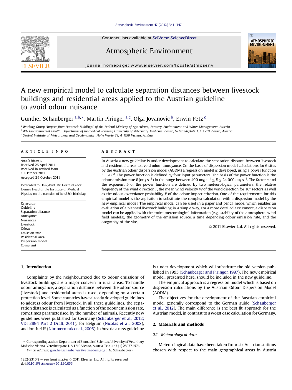 A new empirical model to calculate separation distances between livestock buildings and residential areas applied to the Austrian guideline to avoid odour nuisance