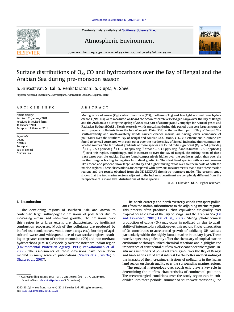 Surface distributions of O3, CO and hydrocarbons over the Bay of Bengal and the Arabian Sea during pre-monsoon season