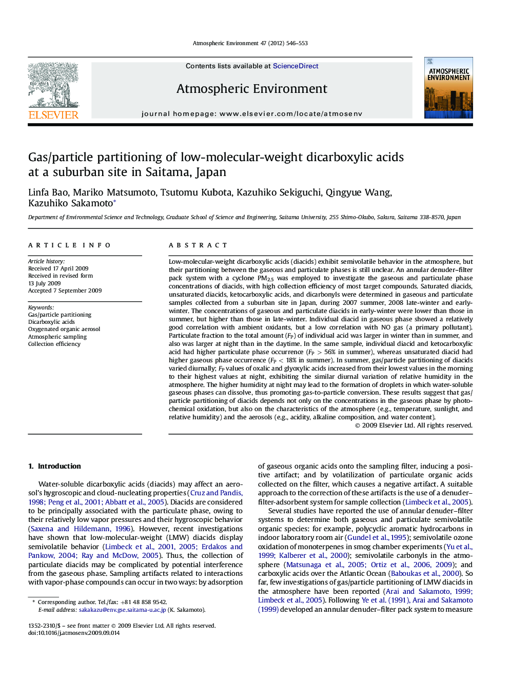 Gas/particle partitioning of low-molecular-weight dicarboxylic acids at a suburban site in Saitama, Japan