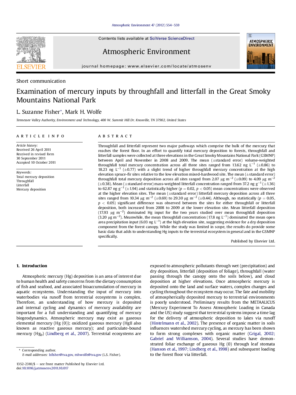 عکس صفحه اول مقاله: Examination of mercury inputs by throughfall and litterfall in the Great Smoky Mountains National Park Examination of mercury inputs by throughfall and litterfall in the Great Smoky Mountains National Park