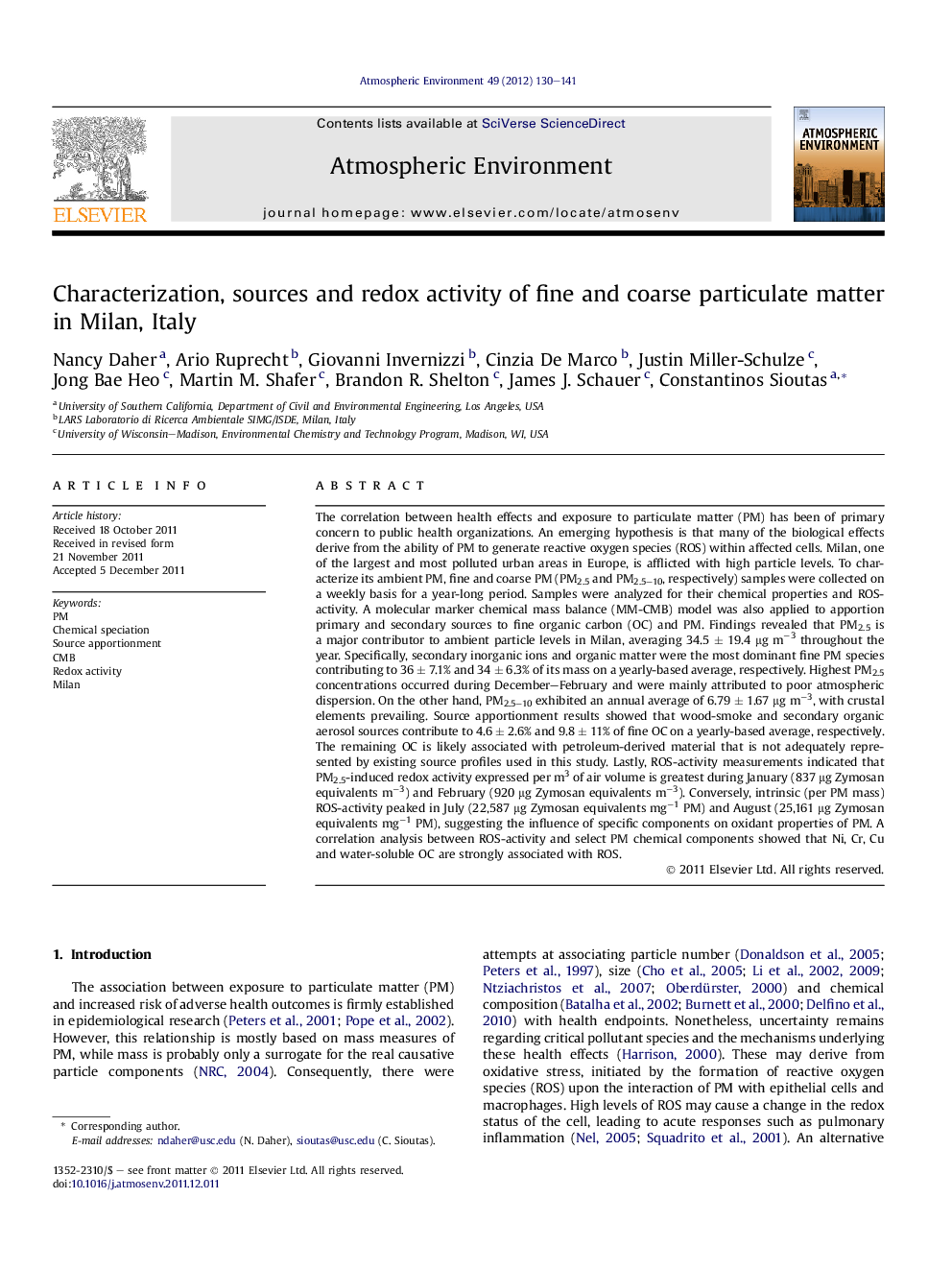 Characterization, sources and redox activity of fine and coarse particulate matter in Milan, Italy