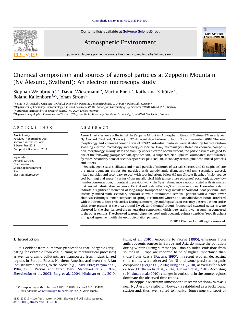 Chemical composition and sources of aerosol particles at Zeppelin Mountain (Ny Ålesund, Svalbard): An electron microscopy study