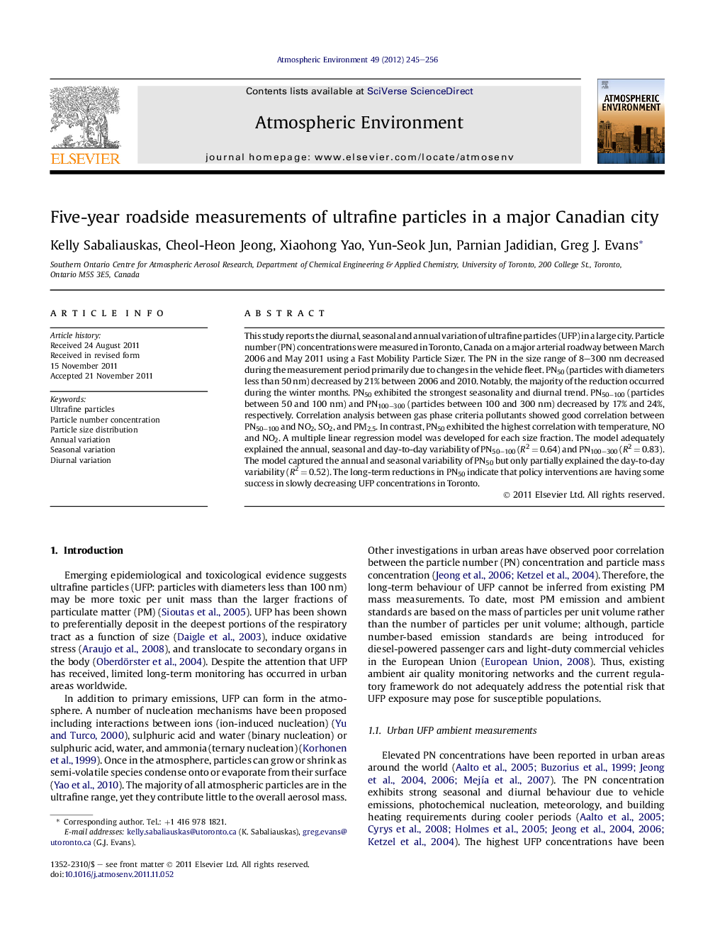 Five-year roadside measurements of ultrafine particles in a major Canadian city