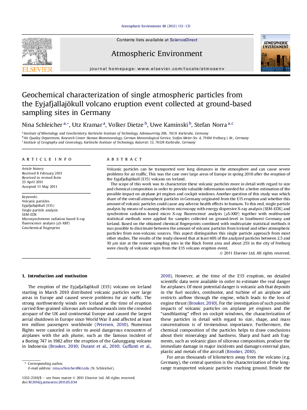 Geochemical characterization of single atmospheric particles from the Eyjafjallajökull volcano eruption event collected at ground-based sampling sites in Germany