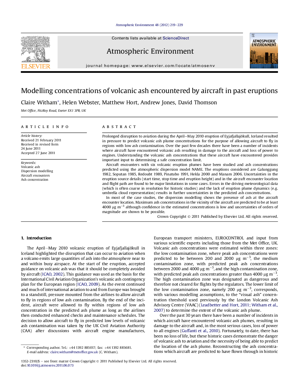 Modelling concentrations of volcanic ash encountered by aircraft in past eruptions