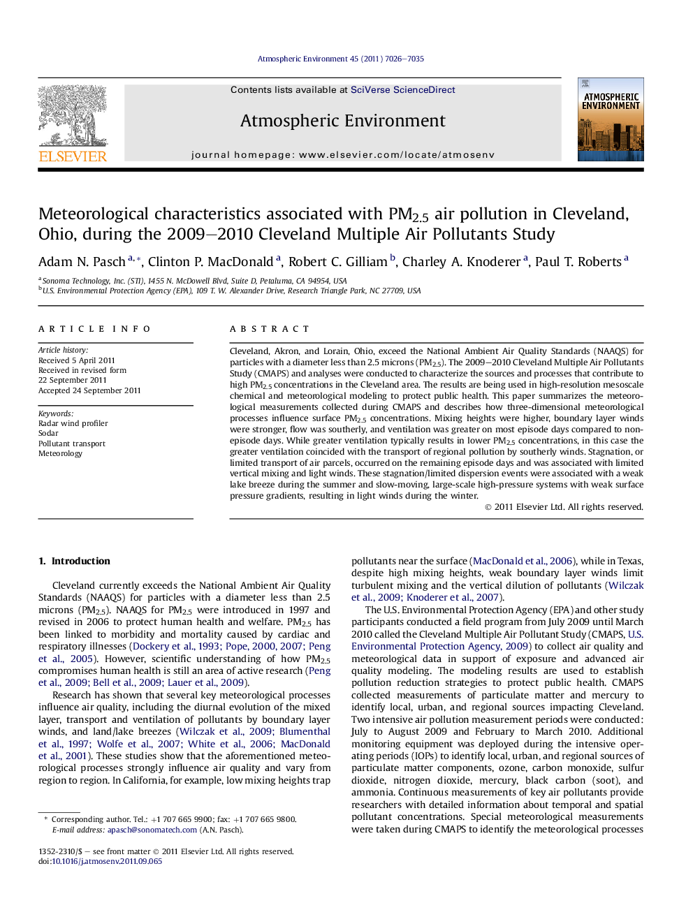 Meteorological characteristics associated with PM2.5 air pollution in Cleveland, Ohio, during the 2009–2010 Cleveland Multiple Air Pollutants Study