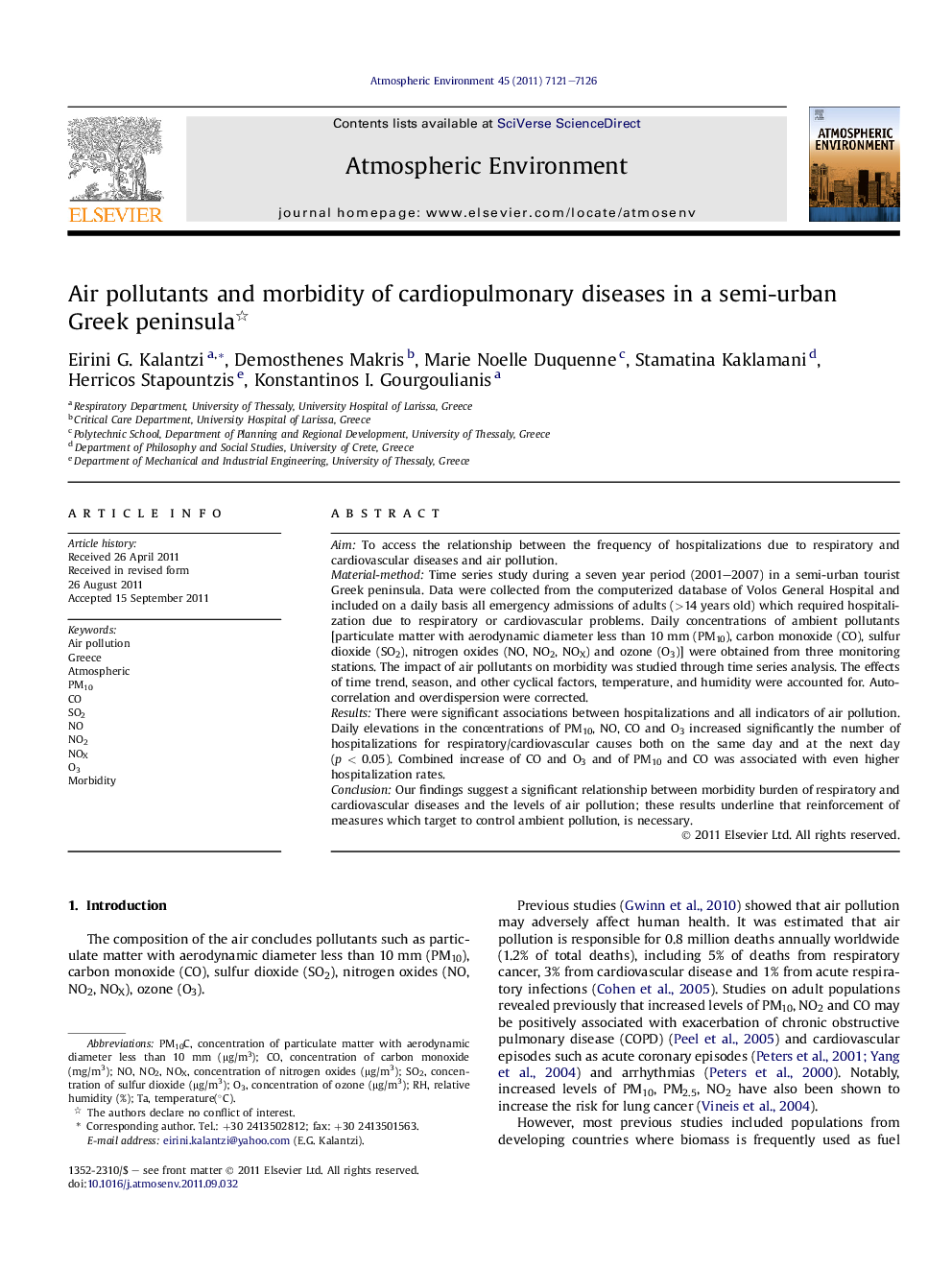 Air pollutants and morbidity of cardiopulmonary diseases in a semi-urban Greek peninsula 