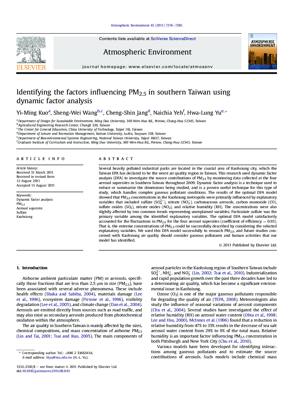 Identifying the factors influencing PM2.5 in southern Taiwan using dynamic factor analysis