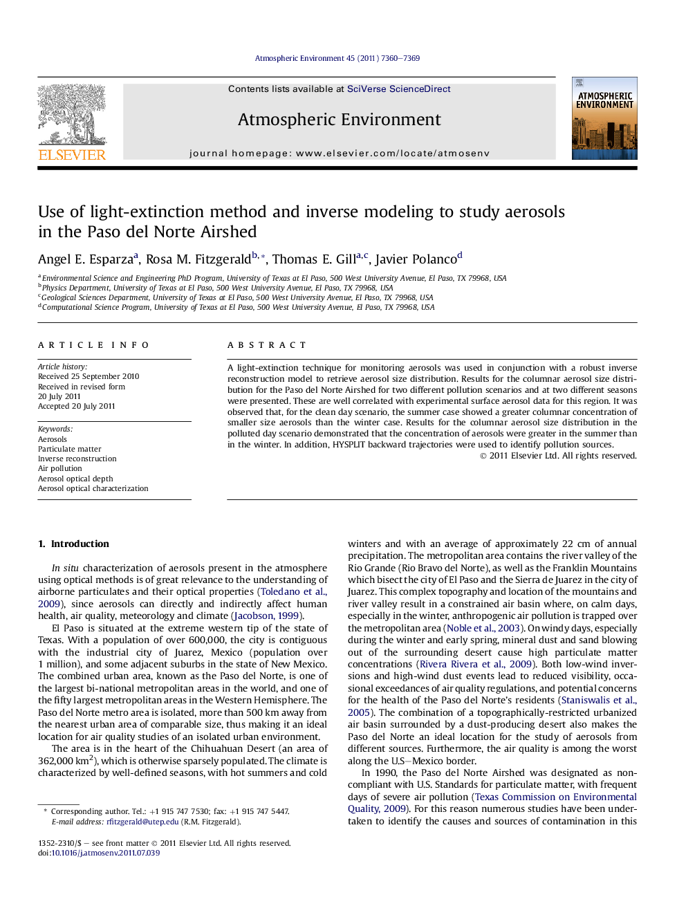 Use of light-extinction method and inverse modeling to study aerosols in the Paso del Norte Airshed