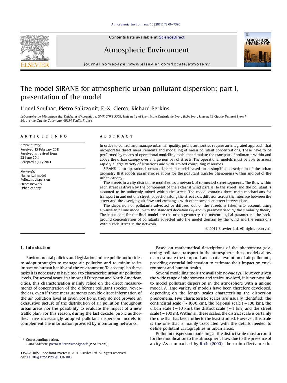 The model SIRANE for atmospheric urban pollutant dispersion; part I, presentation of the model