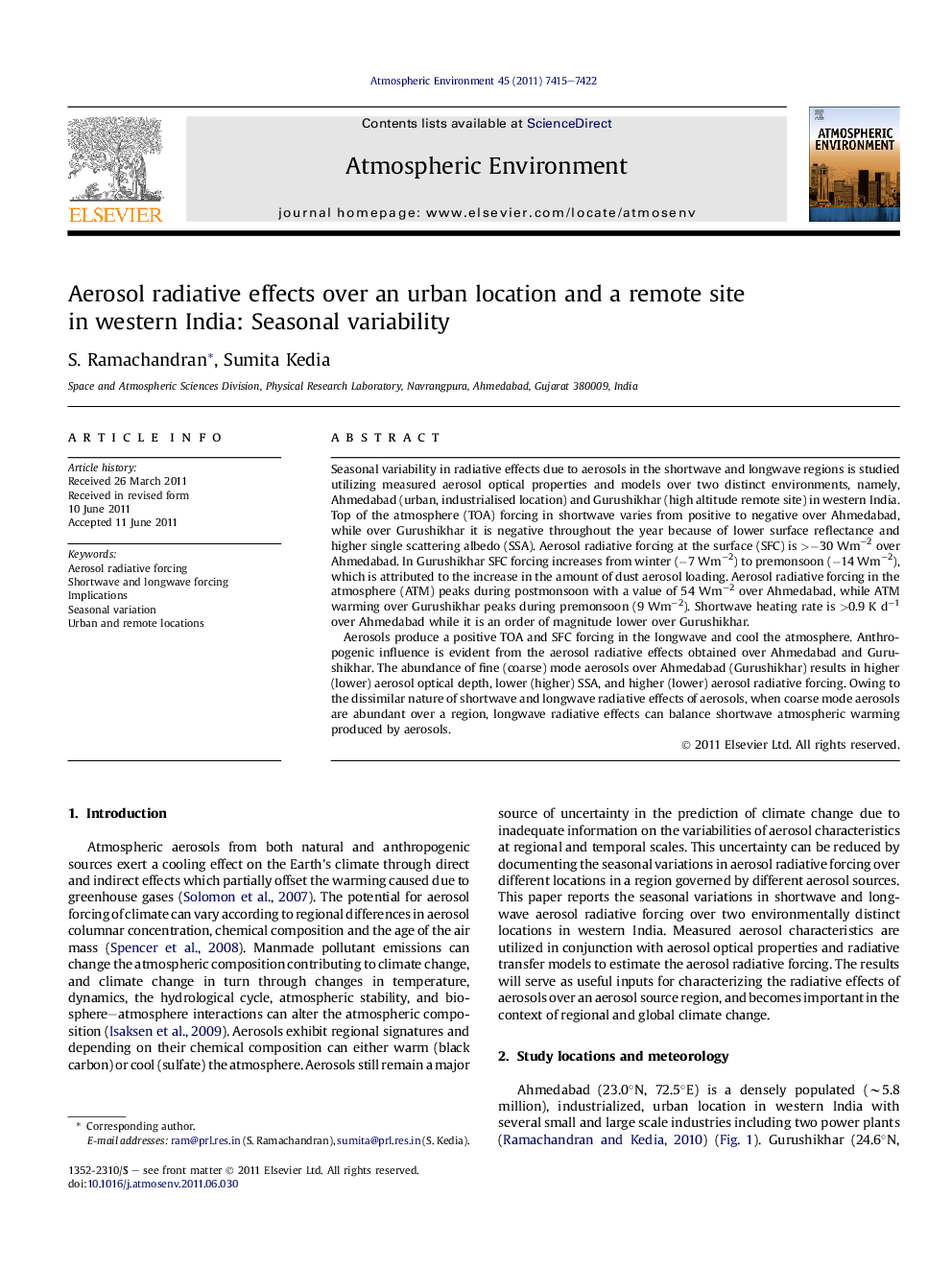 Aerosol radiative effects over an urban location and a remote site in western India: Seasonal variability