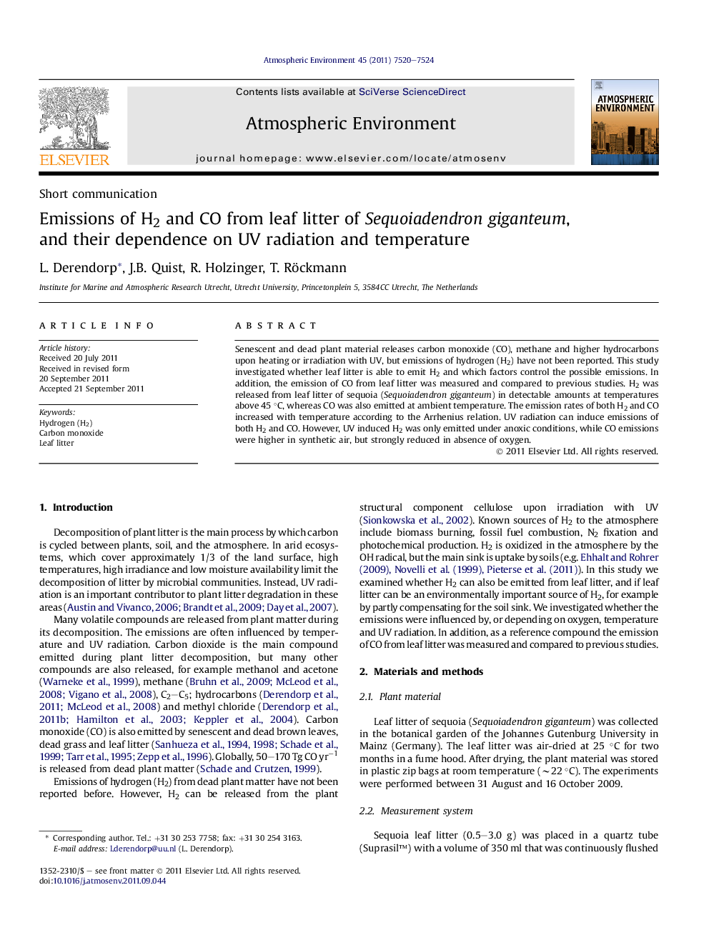 Emissions of H2 and CO from leaf litter of Sequoiadendron giganteum, and their dependence on UV radiation and temperature