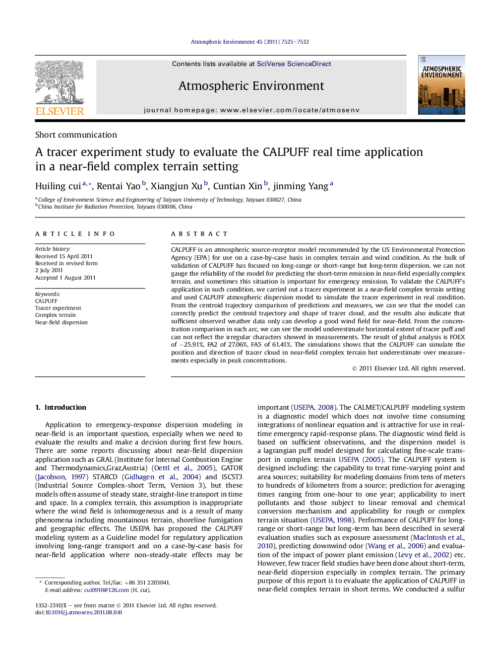 A tracer experiment study to evaluate the CALPUFF real time application in a near-field complex terrain setting