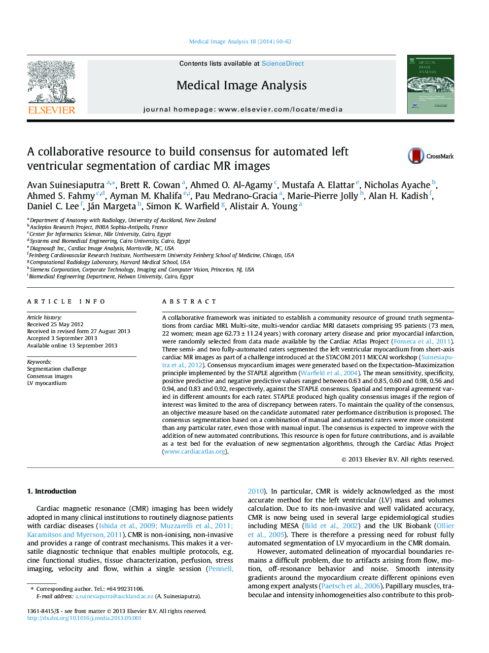 عکس صفحه اول مقاله: A collaborative resource to build consensus for automated left ventricular segmentation of cardiac MR images A collaborative resource to build consensus for automated left ventricular segmentation of cardiac MR images