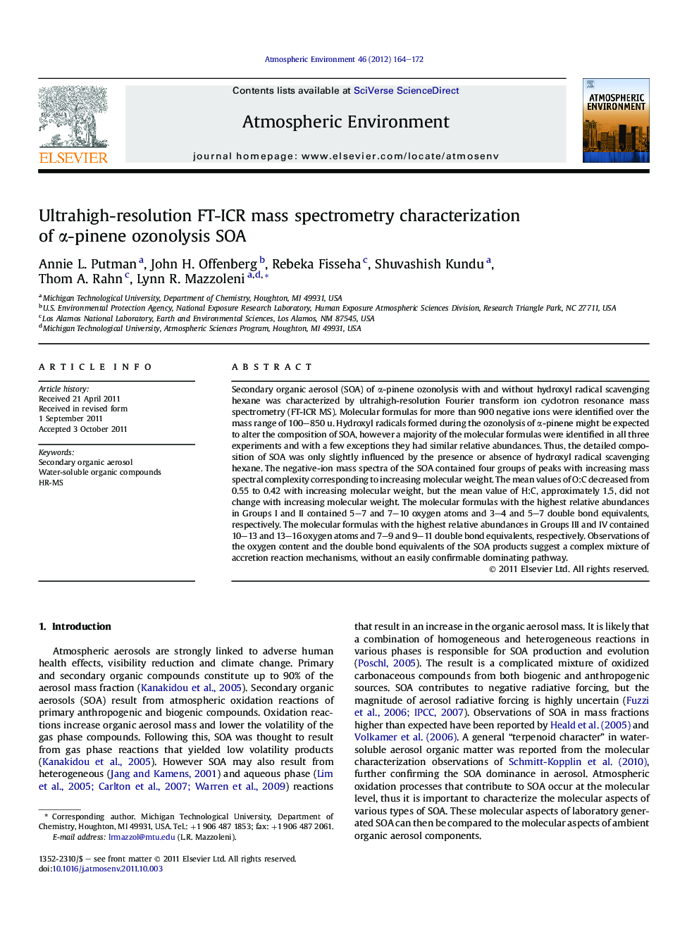 Ultrahigh-resolution FT-ICR mass spectrometry characterization of α-pinene ozonolysis SOA