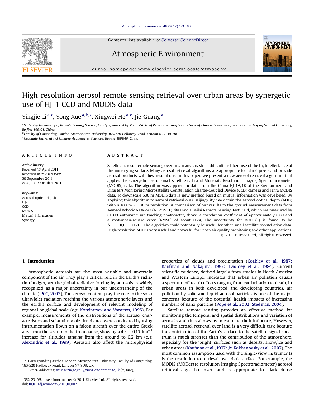 High-resolution aerosol remote sensing retrieval over urban areas by synergetic use of HJ-1 CCD and MODIS data