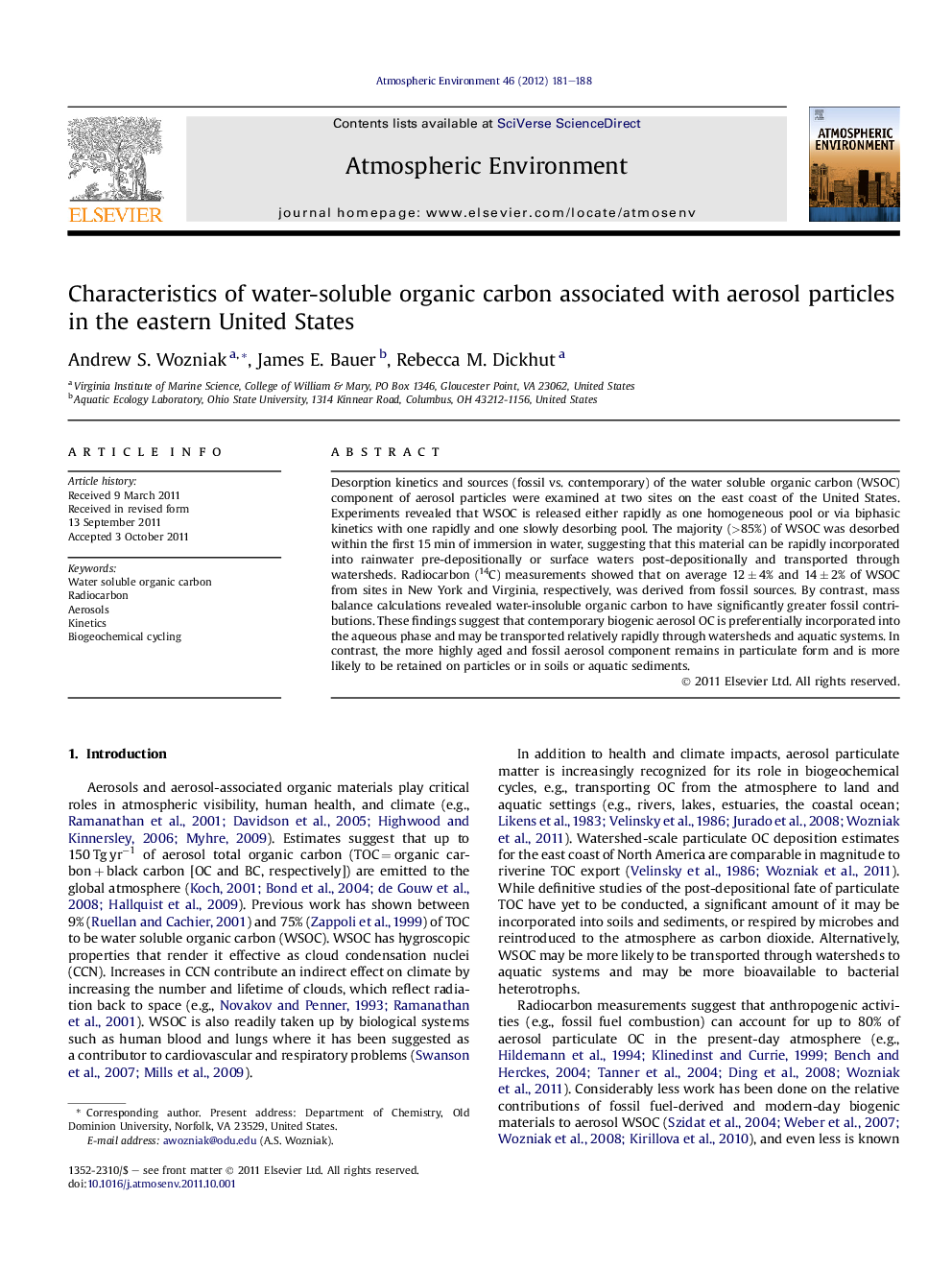 Characteristics of water-soluble organic carbon associated with aerosol particles in the eastern United States