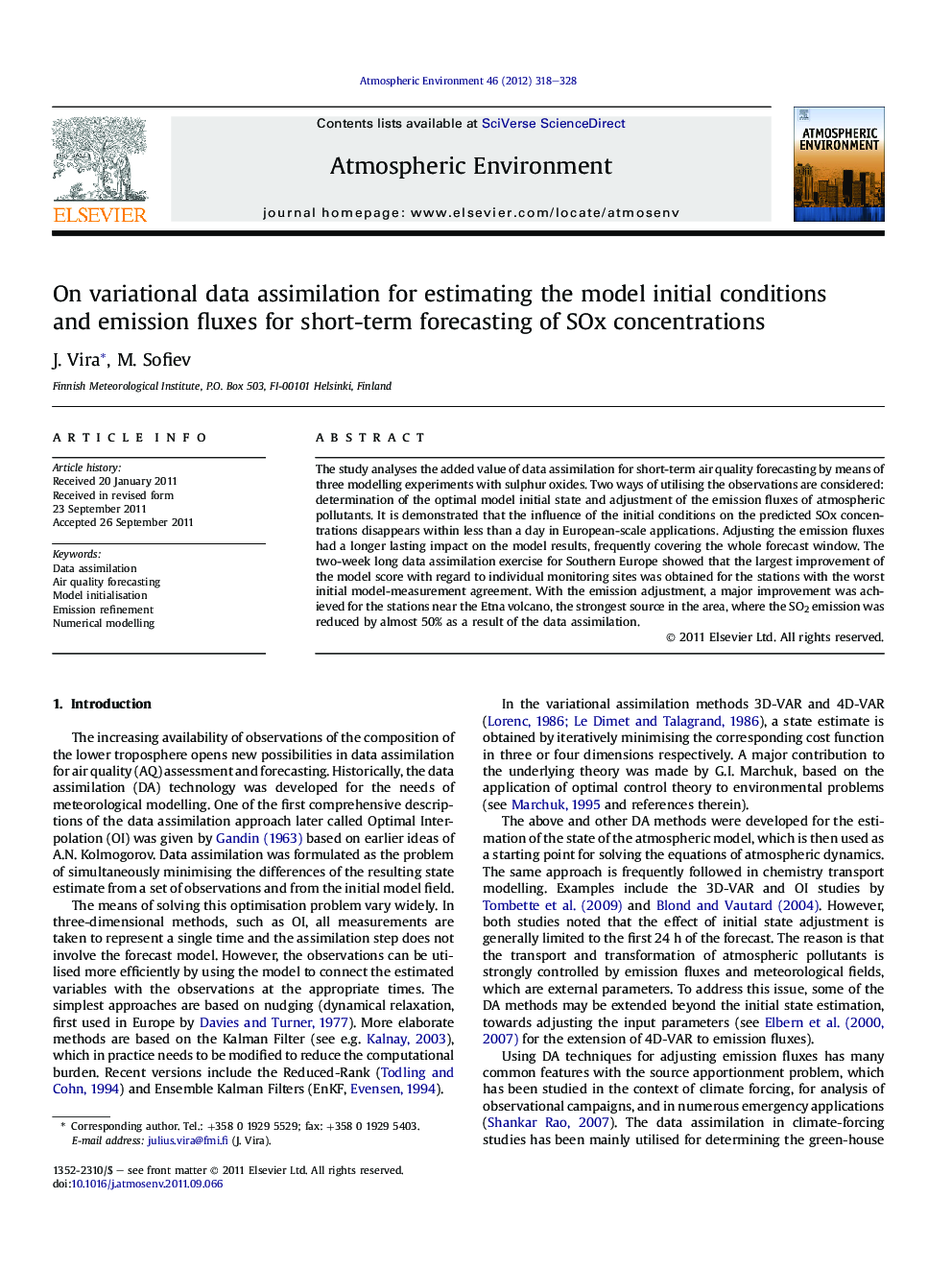 On variational data assimilation for estimating the model initial conditions and emission fluxes for short-term forecasting of SOx concentrations