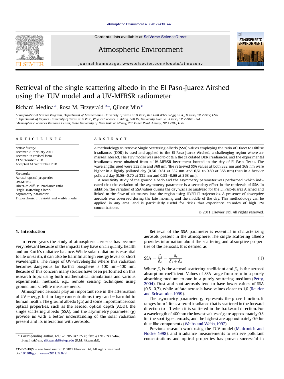 Retrieval of the single scattering albedo in the El Paso-Juarez Airshed using the TUV model and a UV-MFRSR radiometer