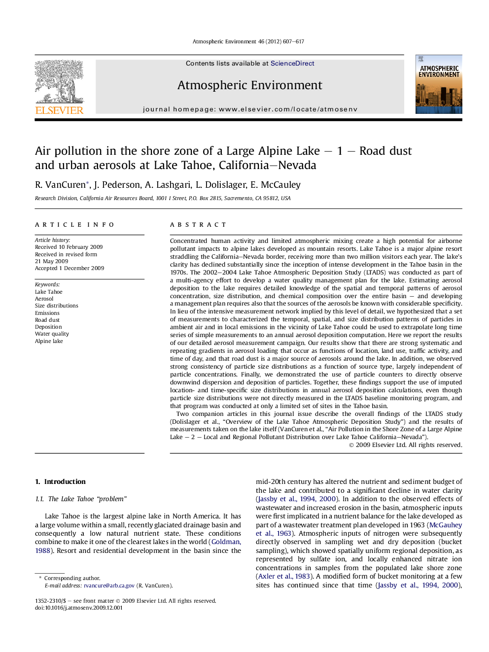 Air pollution in the shore zone of a Large Alpine Lake – 1 – Road dust and urban aerosols at Lake Tahoe, California–Nevada